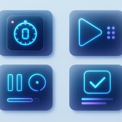 Neon style digital interface icons featuring play pause timer checkmark design concepts in a vibrant modern aesthetic expressing streamlined functionality and user engagement