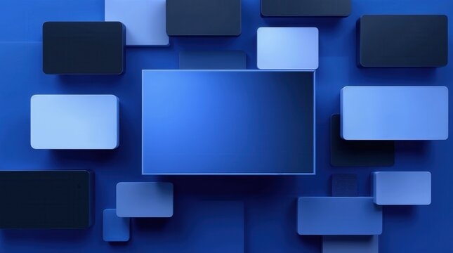 Modern abstract background with 3D geometric shapes in shades of blue. Layered composition of rounded rectangles creating depth. Corporate technology presentation wallpaper with copy space
