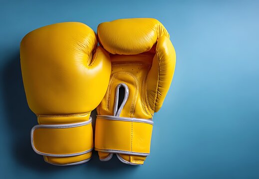 A pair of bright yellow boxing gloves resting on a solid blue background