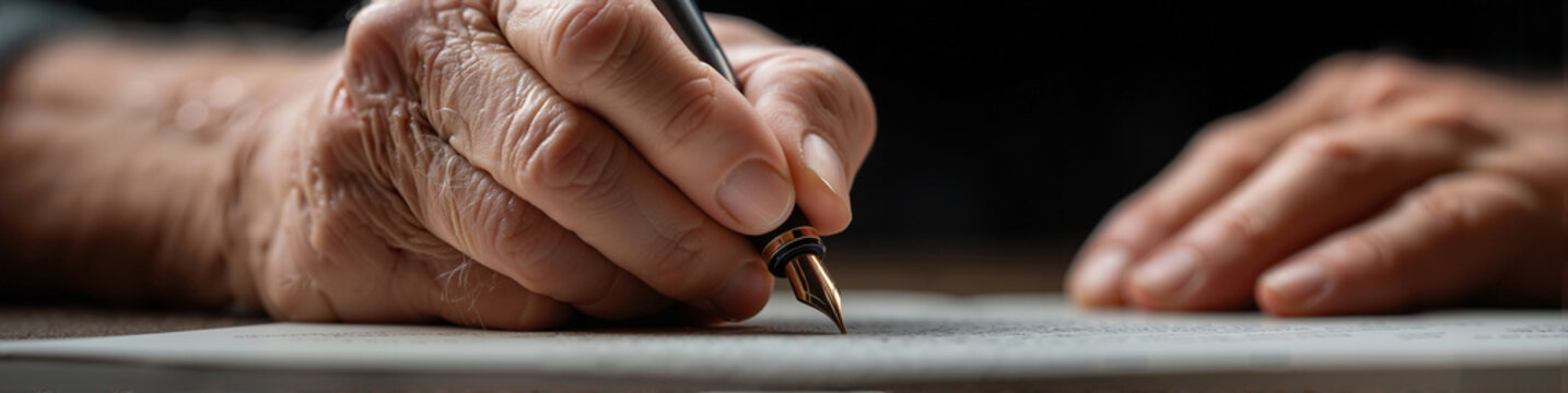 senior man's scarred, hard-worked hand holding weathered pen signing contract, business legacy and agreement concept on dark background