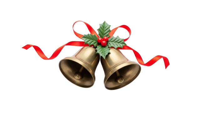 Two golden jingle bells with red ribbon and holly isolated on transparent background