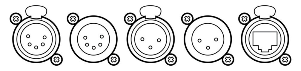 Minimalistic line-art set of circular stage-lighting connectors with screws, including DMX, XLR and power interface icons. Clean black-and-white technical illustration for lighting equipment diagrams 