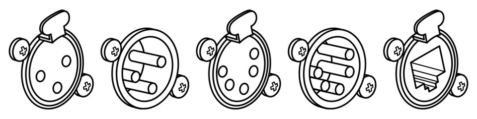 Minimalistic line-art set of circular stage-lighting connectors with screws, including DMX, XLR and power interface icons. Clean black-and-white technical illustration for lighting equipment diagrams 