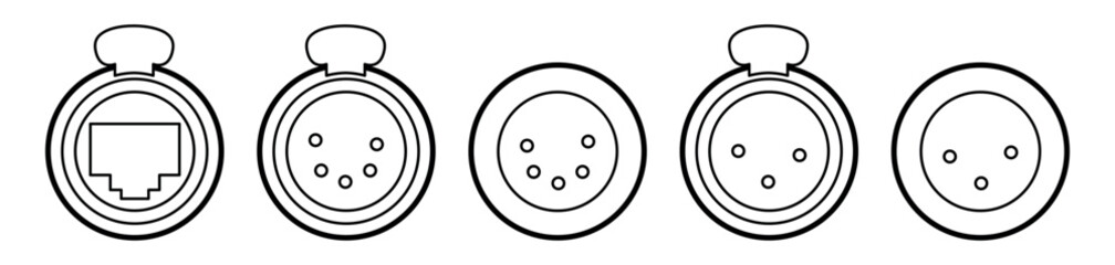 Minimalist line icons of Ethernet and XLR connectors in round housings. Clean black-and-white technical illustration set for lighting, audio, and stage equipment documentation or UI design.