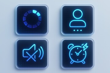 Digital interface icons showcasing user status, mute function, loading animation, and alarm notification in a sleek blue neon aesthetic designed for modern applications