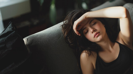 woman sleeping on water bed with dark blue linen sheets against grey background, conceptual commercial photography with high resolution detail for advertising use