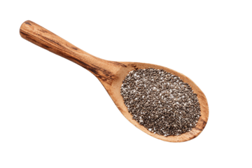 Wooden spoon filled with chia seeds isolated on transparent background