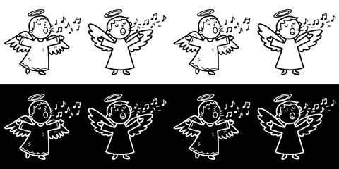 Fototapeta premium Singing angels with halos and wings for Catholic Christmas, seamless border, isolated vector image, two versions on transparent and black backgrounds, pencil drawing, chalk drawing