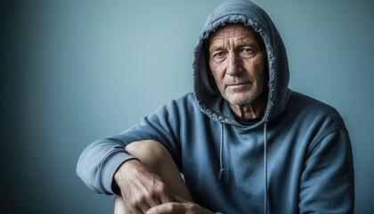 Portrait of a sad senior man in a hoodie looking at the camera. Elderly person with a weathered face expressing hardship and loneliness. Social issues and aging concept with copy space