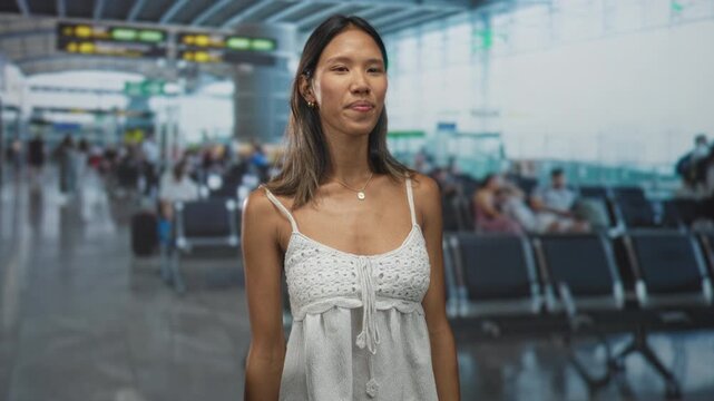 Thai woman shows bare shoulders and forearms while smiling and framing the view with fingers at airport; calm wanderlust.