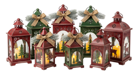 Decorative christmas lanterns with candles isolated on transparent background