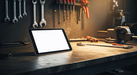 Tablet mockup on steel workbench inside industrial workshop for design placement