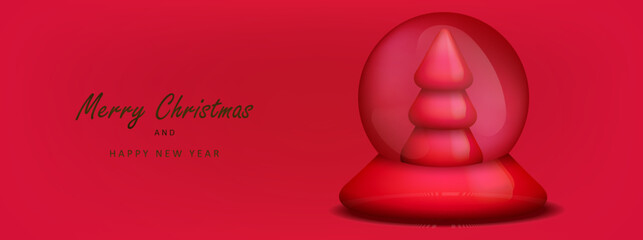 Merry Christmas red banner with glass transparent ball, 3d tree inside. Holiday vector card with realistic snowball.