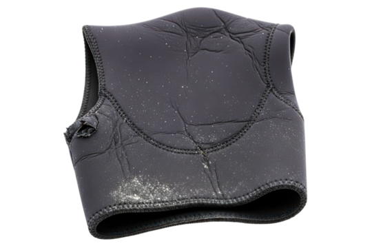 Folded black neoprene wetsuit vest with visible seams and texture isolated with transparent background