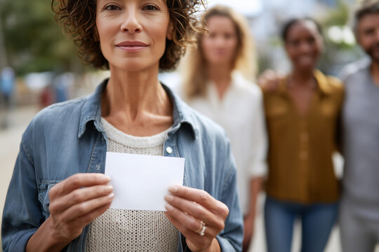 Close-up of torsos and hands only, the woman lifting a handwritten unity message while friends stand behind her slightly defocused, with copy space