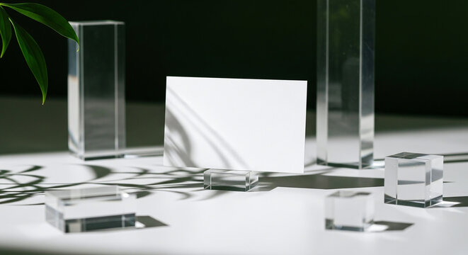Business card mockup on acrylic stand with leaf for design palcement - Powered by Adobe