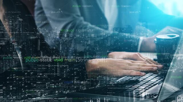A modern workspace scene featuring hands typing on a laptop amidst digital coding data. A coffee cup adds a casual touch, against an urban city view, symbolizing innovation. Xenic