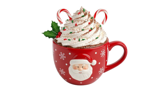 Christmas mug with hot chocolate isolated on transparent background for holiday
