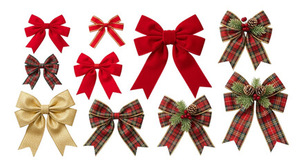 Collection of decorative bows isolated on transparent background for christmas decor