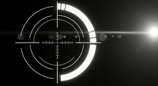 Digital Sniper Scope Reticle Targeting System Overlay with Lens Flare on Dark Background - Powered by Adobe