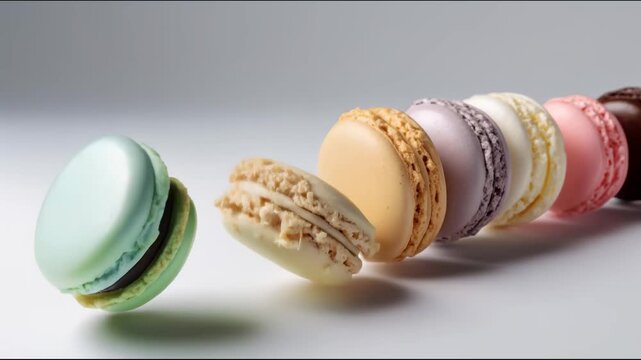 A row of colorful macarons is slightly tilted, with one macaron lifting off the surface as if beginning to rise away from the line