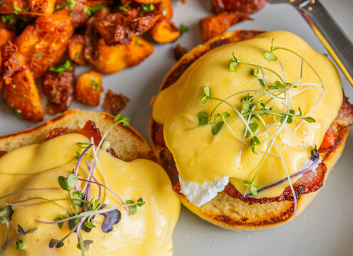 classic bacon eggs benny on plate