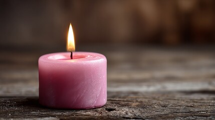 Warm light from a pink candle creates a peaceful atmosphere on rustic wooden surface for mindfulness, relaxation and spa promotion visuals