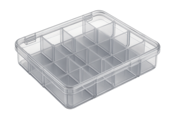 Clear plastic storage case with adjustable compartments for organizing small electronics.