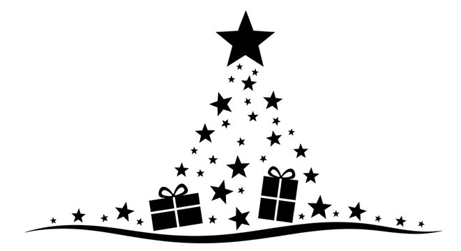 Whimsical black and white christmas tree silhouette with stars and gifts