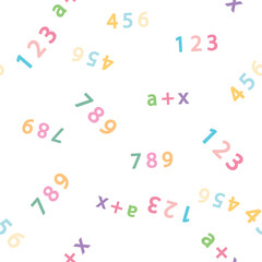 Obraz premium Seamless pattern with mathematical formulas and numbers. Algebra and geometry, calculations tangent, cotangent, sine, cosine.