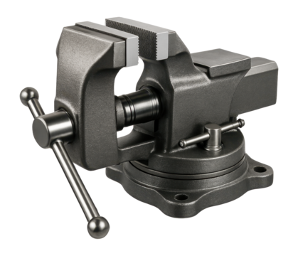 Swivel base precision vise with hardened steel jaws for secure material holding in milling.