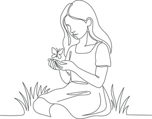 A girl sitting in the garden holding a butterfly vector.