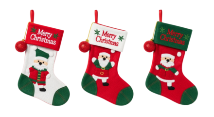 Three christmas stockings with santa claus isolated on transparent background