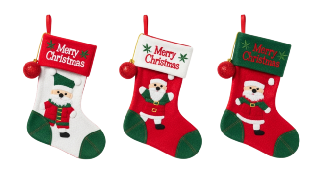 Three christmas stockings with santa claus isolated on transparent background