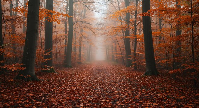 Mystical autumn forest path with vibrant orange leaves and fog - Powered by Adobe