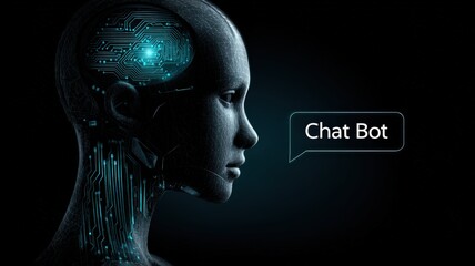 A digital illustration of an abstract AI robot head with glowing circuit patterns and the words "Chat Bot" in a speech bubble