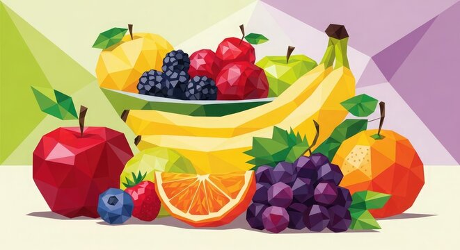 A low poly style illustration of a bowl overflowing with various fruits like apples, bananas, berries, grapes, and an orange slice.