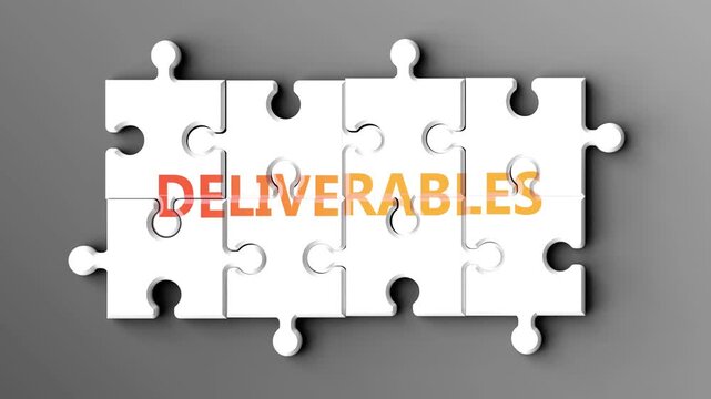 Deliverables being a complex topic - puzzle pieces with word deliverables coming together to make a whole. Deliverables made of many fitting parts, a compound subject.
