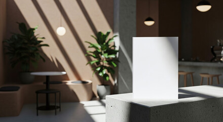 Menu mockup placed on concrete block inside modern cafe