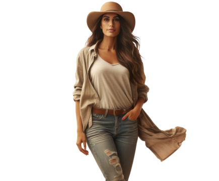 Stylish woman in a hat and casual outfit walking confidently isolated on white for fashion and lifestyle concepts on Transparent Background