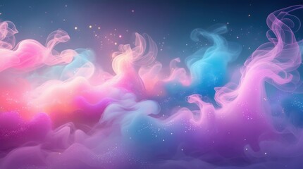 Ethereal dreamy colorful smoke clouds with glowing particles creating a magical abstract liquid motion background texture