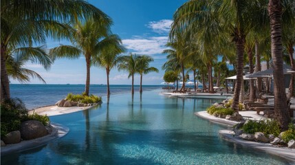 Fototapeta premium Palm trees sway gently beside a sparkling pool creating a tranquil atmosphere by the ocean.
