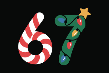 Christmas candy cane and christmas tree numbers sixty seven