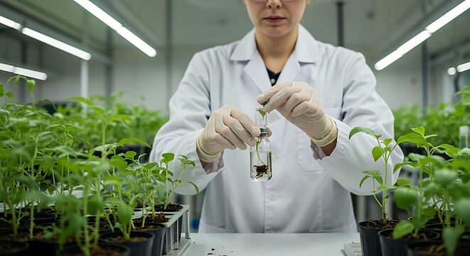 Scientist examining plant sample in laboratory for research and development