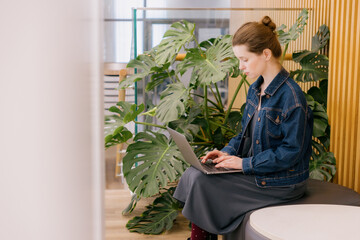 young woman is sitting and working on laptop against background of green monstera. business person in an office or coworking space. a student in library. education.