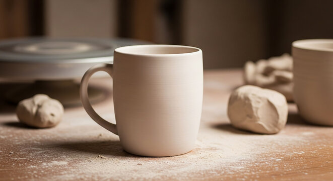 Mug mockup in pottery studio with clay powder and spinning wheel - Powered by Adobe