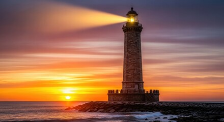 A tall, stone lighthouse beaming a bright light across the ocean at sunset.