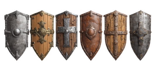 Medieval shields in various materials and designs.  Different colors and textures of wooden and metal shields.  Ornate details, including crosses and decorative metal accents
