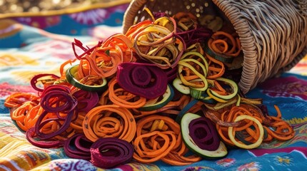 Colorful spiralized vegetable chips, healthy snack of carrot, beet, zucchini, spilling from basket on patterned fabric.