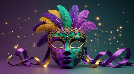 Luxurious festive carnival masquerade mask adorned with vibrant feathers, jewels, and golden bokeh sparkles.